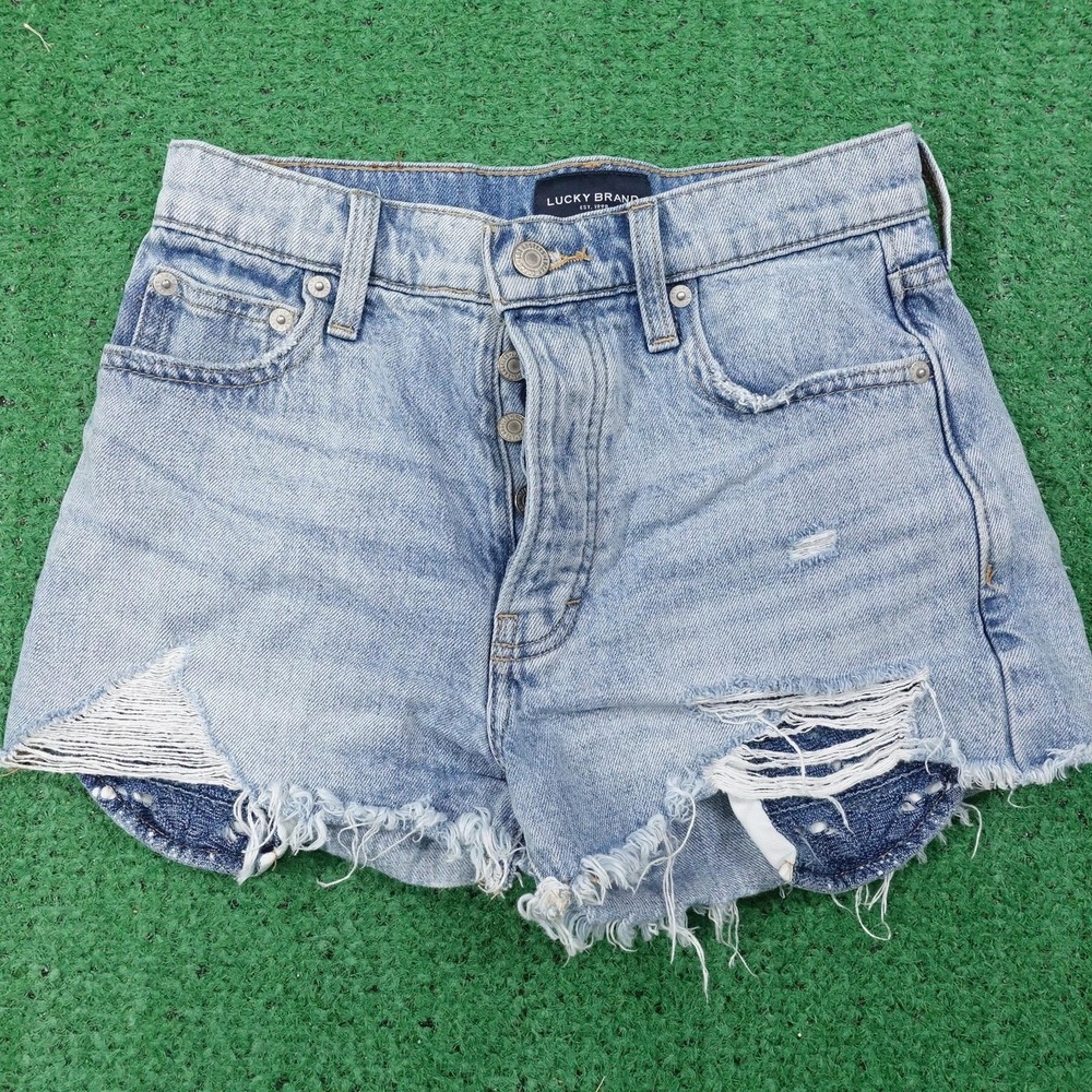 Lucky Brand Mom High Rise Shorts Womens Size 00/24 Blue Denim Jean Distressed